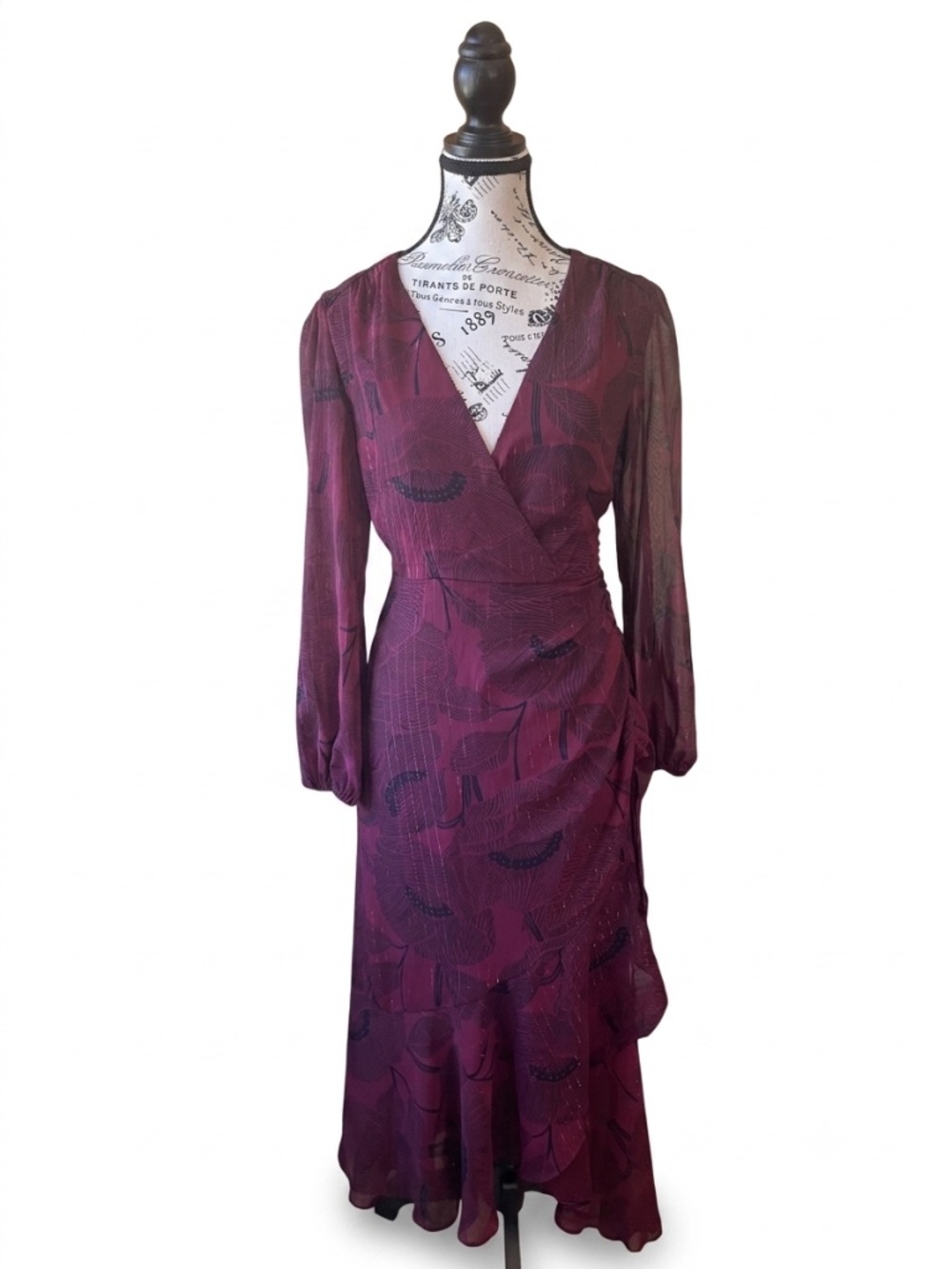 ASTR the Label Burgundy Floral & Metallic Stripe Long Sleeve Faux Wrap Dress